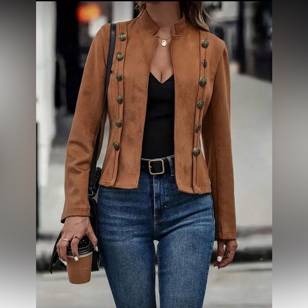 Stylish Brown Buttoned Faux Suede Jacket Plus Sz XXL NWT